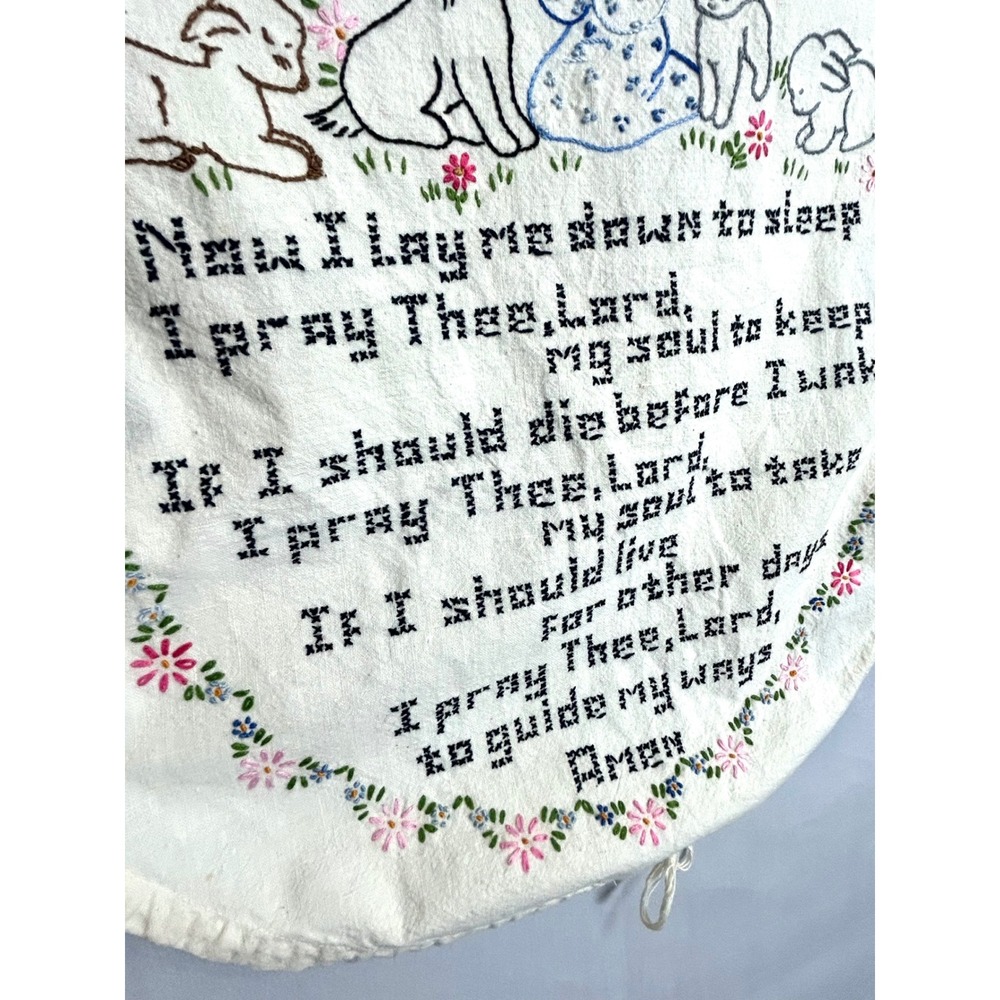 Vintage Hand Embroidered Now I Lay Me Down To Sleep Prayer Wall Hanging Nursery - Picture 10 of 12